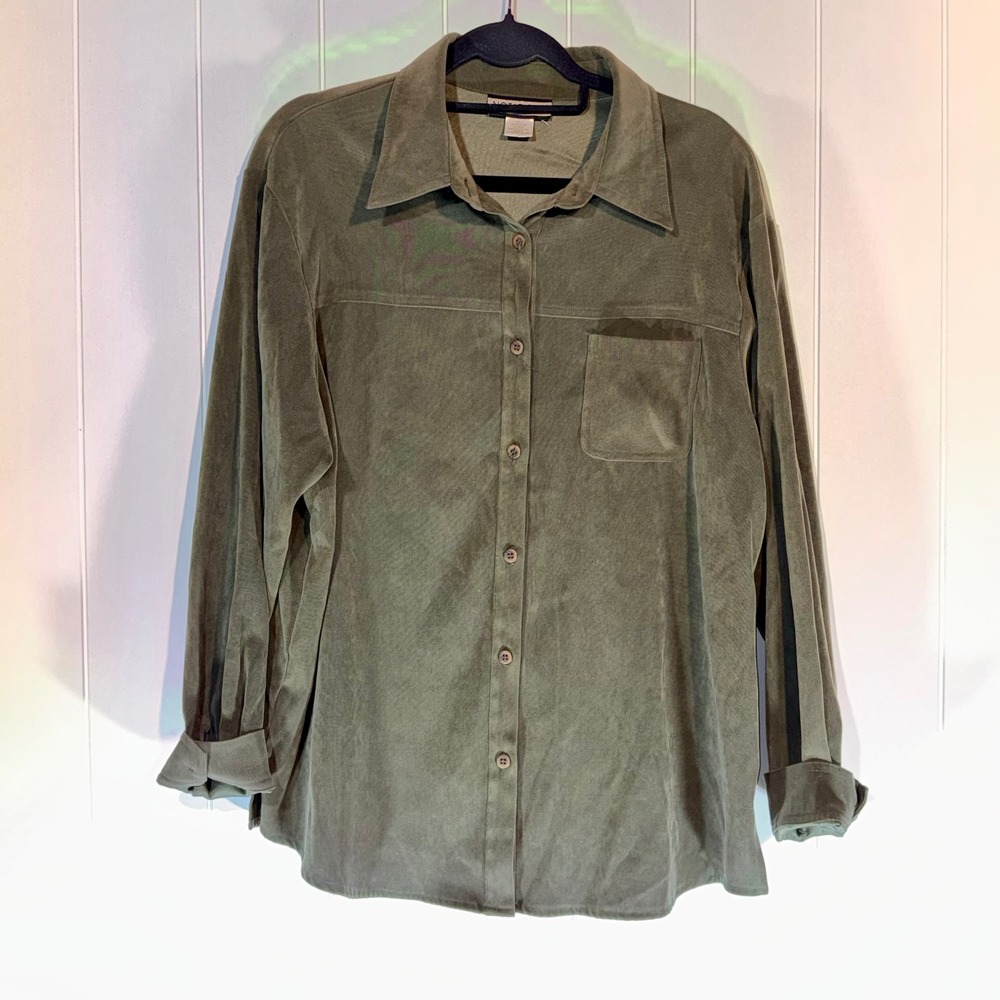 Notations Womens Large Olive Green Faux Suede Button Down Shirt Long Sleeve L